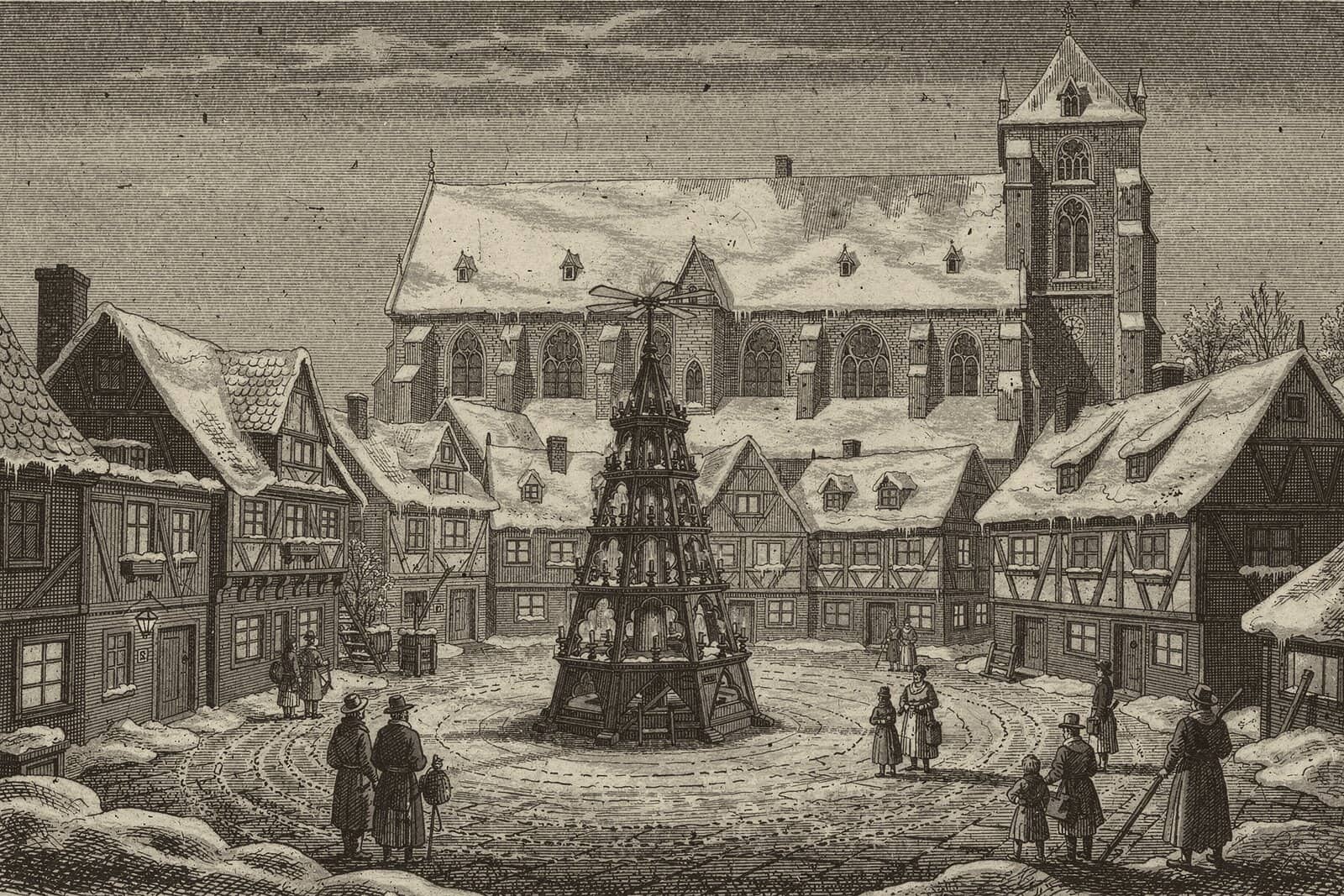 Engraving of a snowy mining-town square at dusk: a tall Christmas pyramid turns before a Gothic hall church, townspeople gathered round.